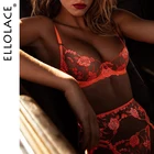 Ellolace цветочное прозрачное эротическое белье, сексуальный бюстгальтер на косточках, подвязки и стринги, кружевные короткие комплекты, чувственное неоновое оранжевое нижнее белье