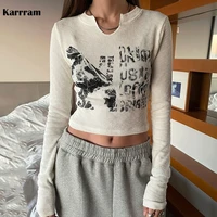 karrram vintage letter print long sleeve crop top women sexy slim autumn t shirt korean style chic grunge aesthetic streetwear