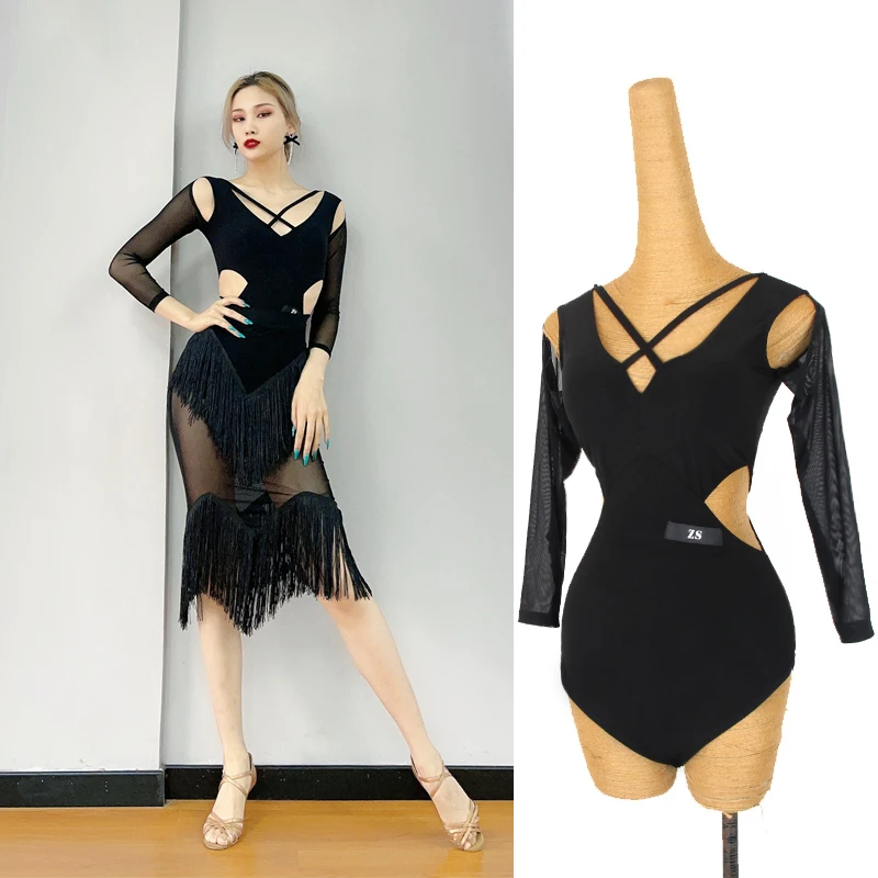 

New Female Latin Dance Tops Sexy Backless Long Sleeve Black Practice Jumpsuit With Chest Pad Latin Practice Clothing DQL5040