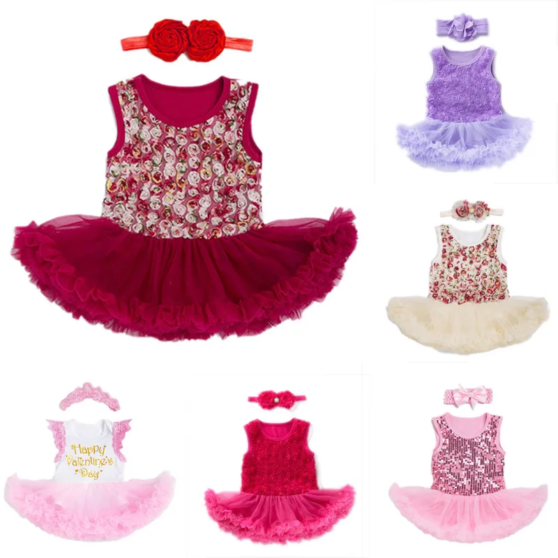

Rose Flower Sleeveless Princess Vestidos Female Baby Girl Clothes Solid Color Ball Gown 0-2 Year Holiday Dress With Headband