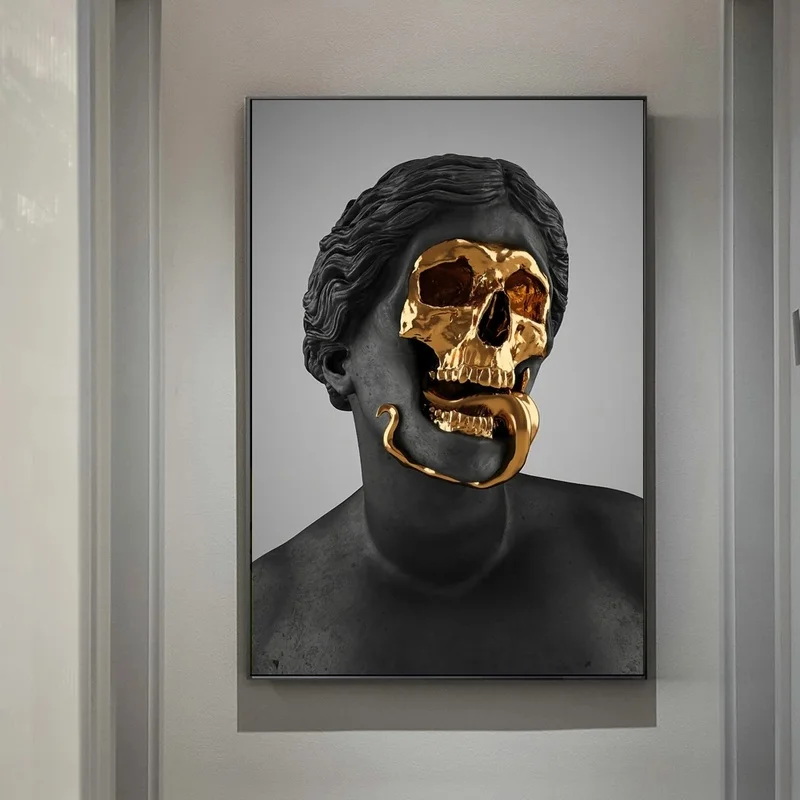 

Abstract Decor Black And Golden Skull Sculpture Art Painting Posters And Prints Dark Statue Canvas Wall Picture For Living Room
