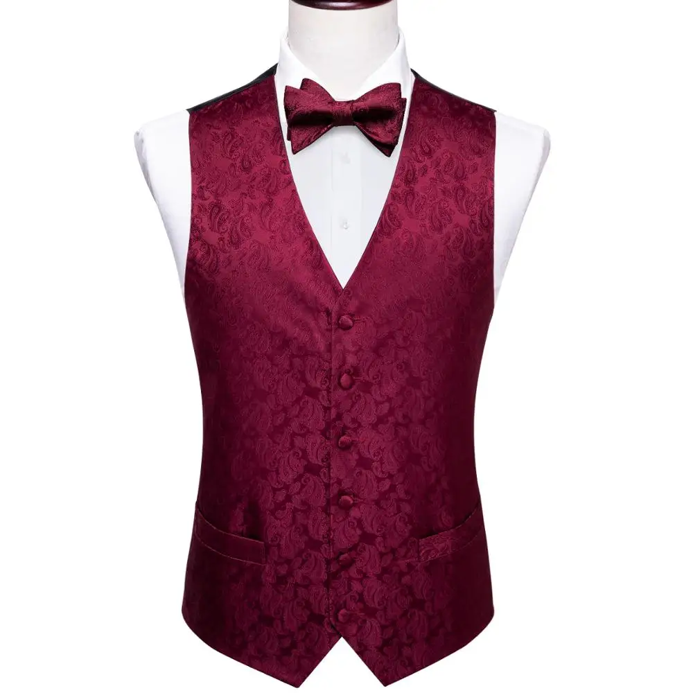 

Silk Red Paisley Men Suit Waistcoat Vest Party Wedding Self Bowtie Handkerchief Set Floral Fahsion Designer Barry.Wang ML-2008