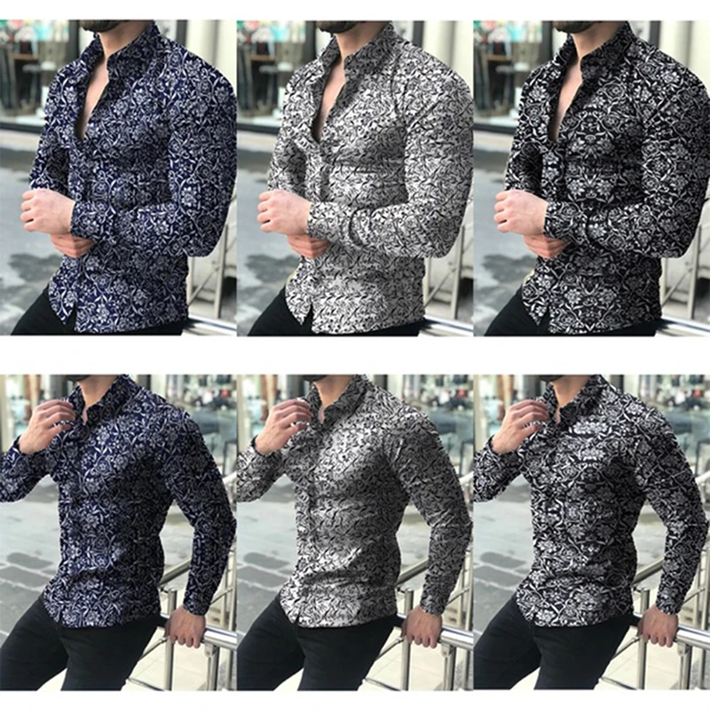 

Рубашка мужская с цветочным принтом, модная сорочка с длинным рукавом, лацканами, воротником и отложным воротником, осень