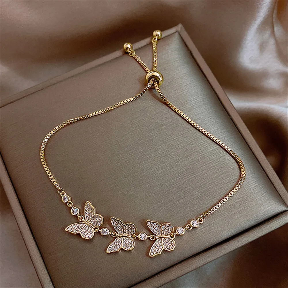 

New Fashion Jewelry Exquisite Copper Inlaid Zircon Three Butterfly Bracelet Stretch Adjustable Women Bracelet On Hand Bts Chain