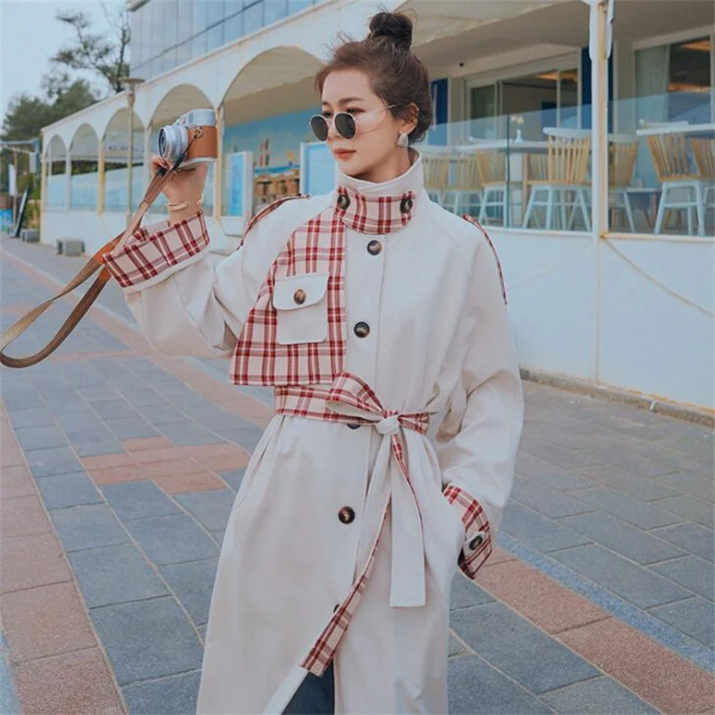 Windbreaker women mid-length trench coats red grid pocket stitching contrast color gabardinas sobretudo feminino ветровка женска