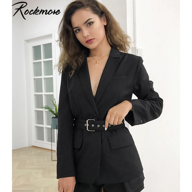 Rockmore/большой размер d, женский черный блейзер с бантом и поясом, Femme Harajuku Клубные пиджаки с поясом, Осеннее элегантное пальто, плюс размер, уличная верхняя одежда