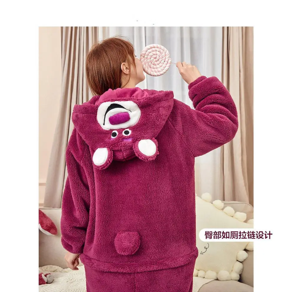 Women Onesies Pajamas Strawberry Bear Kigurumi Thick Coral Velvet Loungewear Women's Home Wear One-piece Jumpsuit for Winter