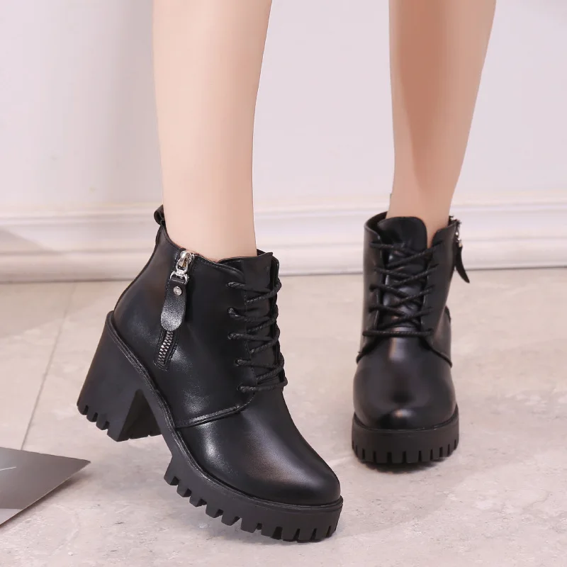 

High-heeled Martin Boots Women's Thick Heel Boots Winter New Women's Boots Naked Boots Plus Cotton Zipper Women's Shoes W22-69