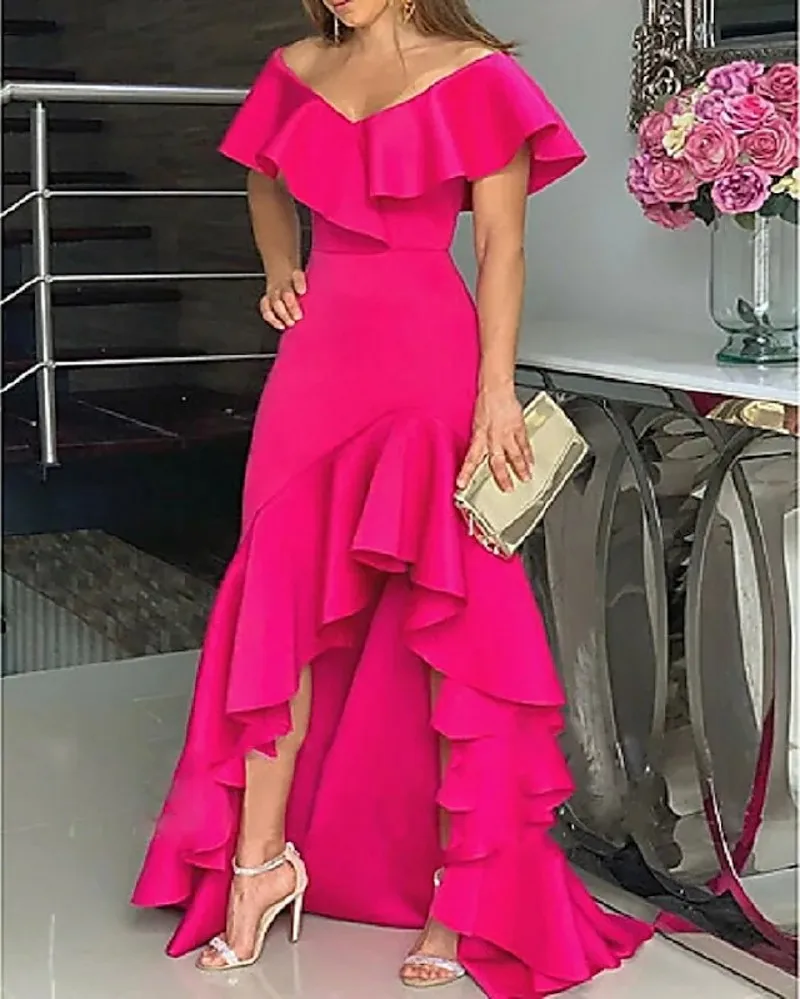 

Fuchsia Mermaid Asymmetrical Evening Dress 2021 Off Shoulder Ruffles Split Prom Party Gown Vestidos Robe De Soirée