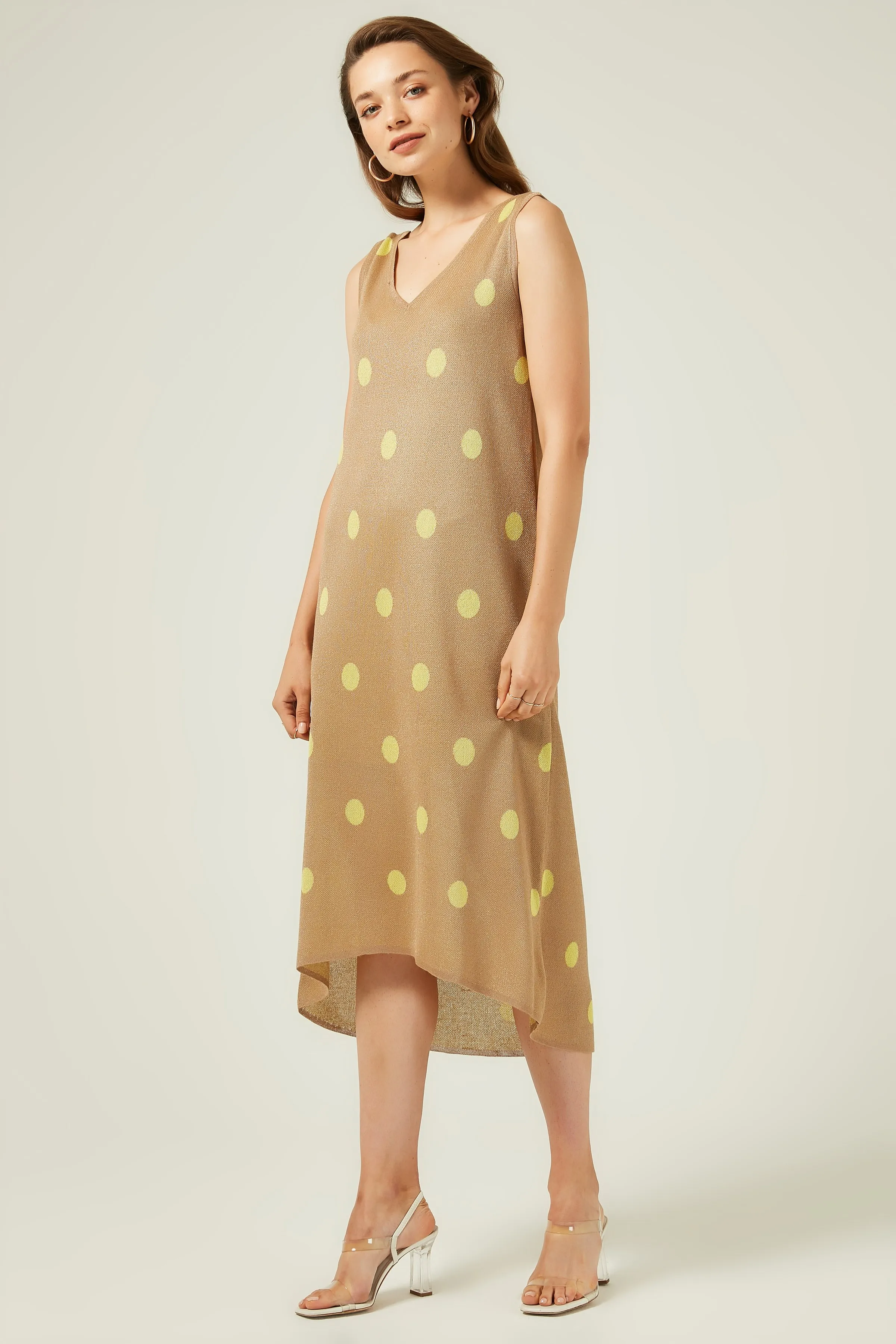 Платье-Свитер в горошек с v-образным вырезом-K. Бежевый | Женская одежда