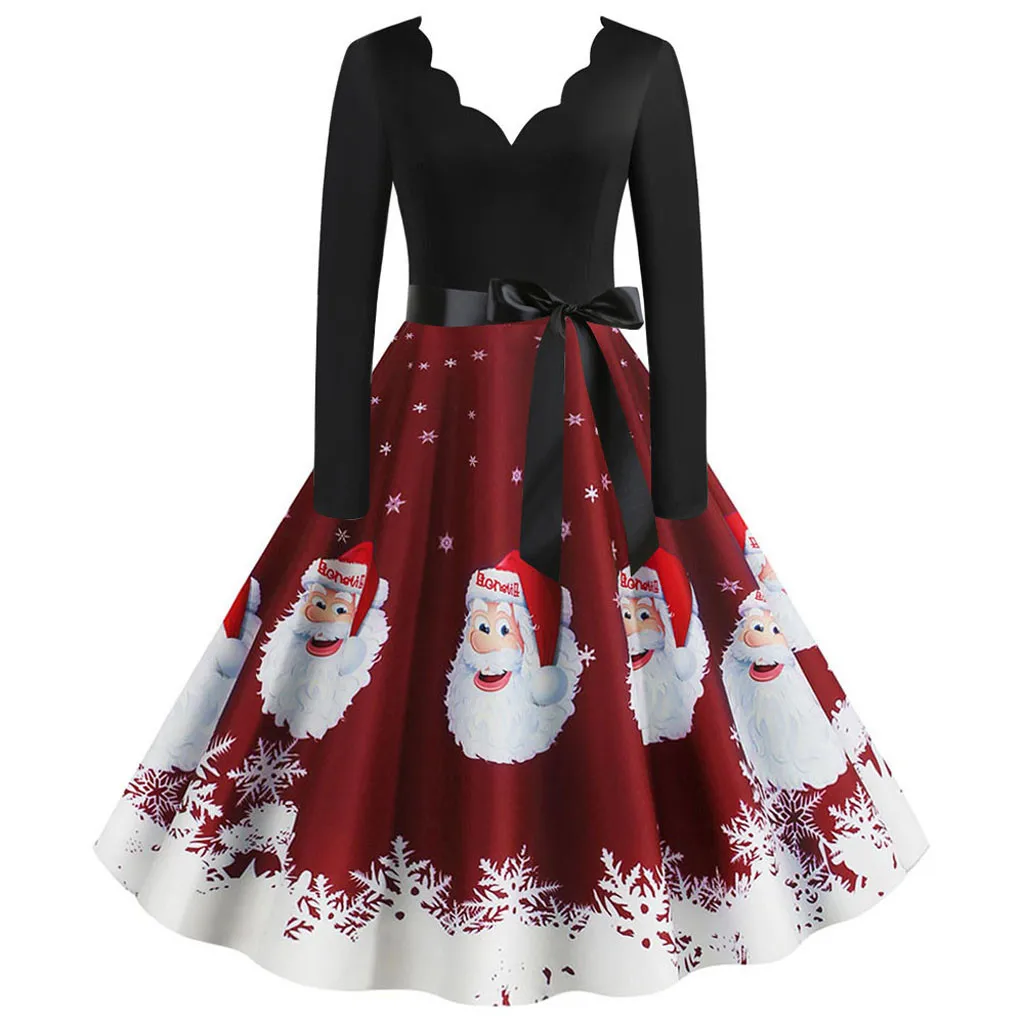 Женское винтажное вечернее платье с длинным рукавом Рождественский принт