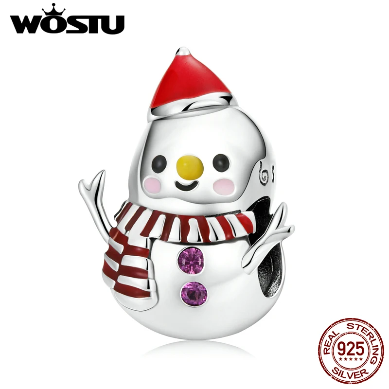 

WOSTU 925 Sterling Silver Charm Christmas Hat Scarf Cute Snowman Bead Pendant Fit Original Bracelet Necklace For Women Jewelry