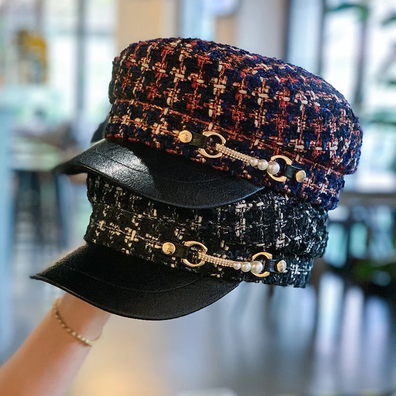 

Шляпа Женская клетчатая восьмиугольная, маленькая модная шапка в стиле ретро, с плоским верхом, для улицы, для осени и зимы