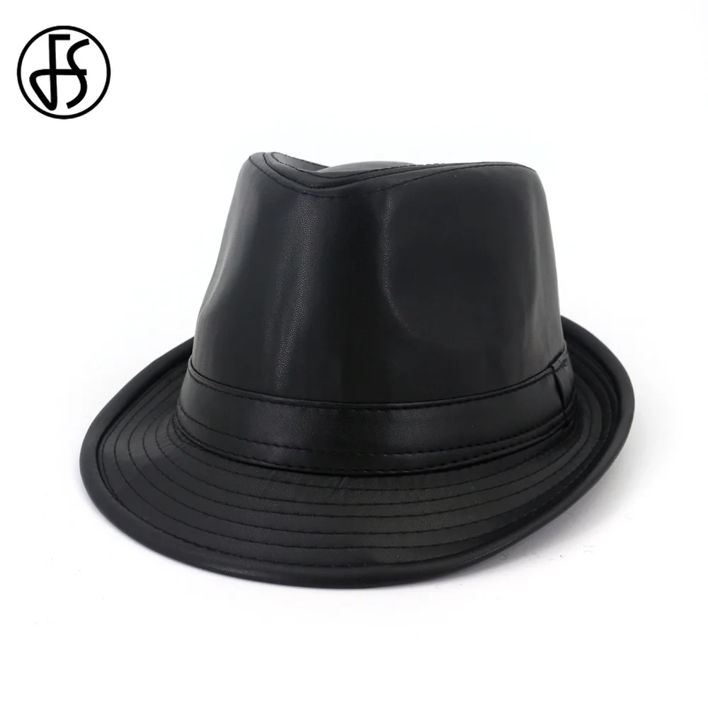 

FS British Style Short Brim Jazz Caps Men Women Fashion Artificial Leather Top Hat Fedoras Trilby Solid Panama Formal Hats Gorra