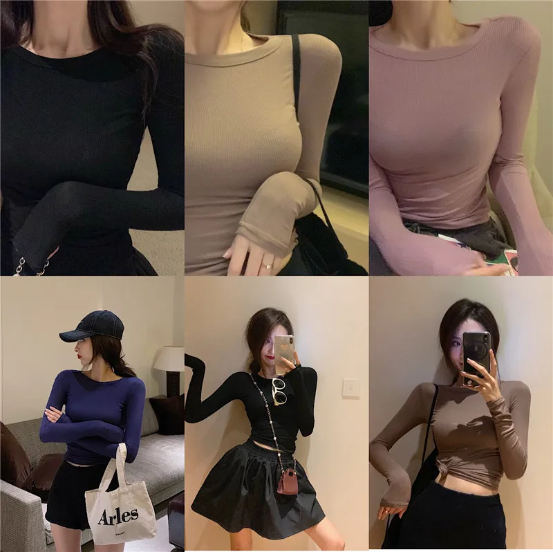 Женская футболка с длинным рукавом и круглым вырезом в Корейском стиле | одежда