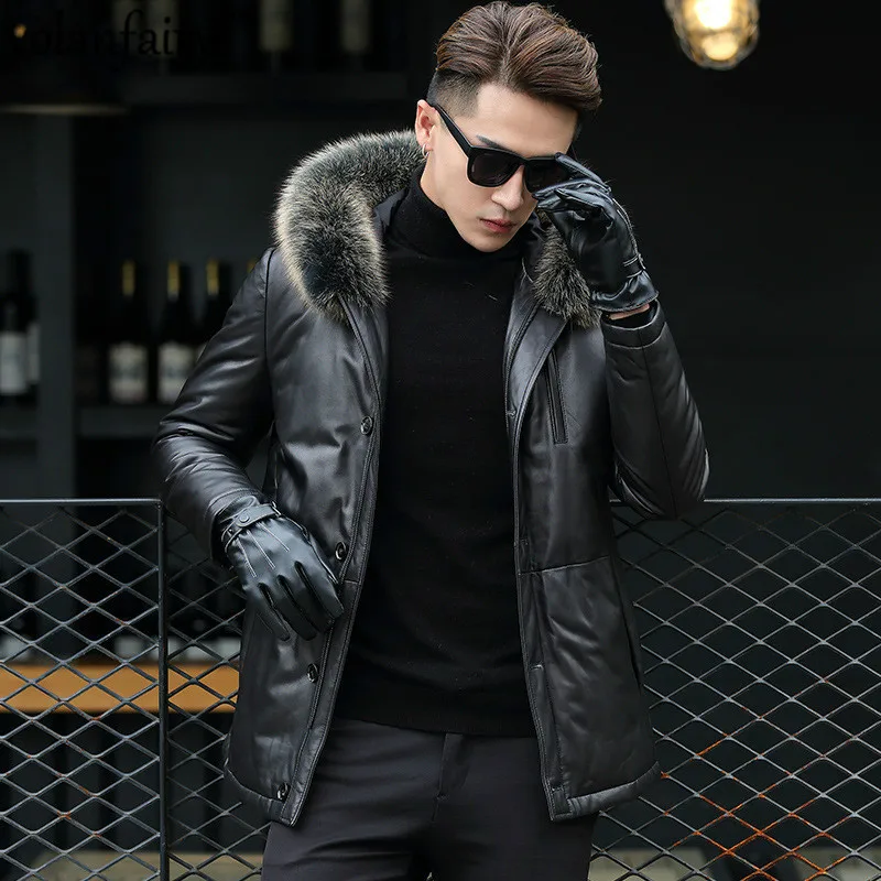Мужская куртка из натуральной кожи зимняя с воротником лисьего меха мужская