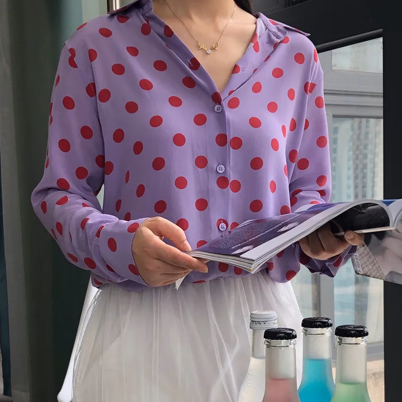 

Polka Dot Womens Silk Blouse Long Sleeve Soft Turn-Down Collar Sweet Casual Shirt Early Autumn Blouses Top