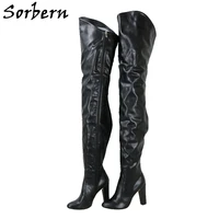 sorbern black crotch thigh high boots unisex block high heels round toe asymmetry shaft 85cm95cm big size chunky heeled shoes