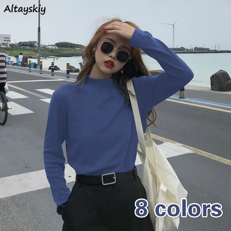 Tee Women Female Solid O-Neck Long Sleeve Leisure T-shirt for Lady Ins New Slim 8 Color Basic Spring Top Korean All-match | Женская