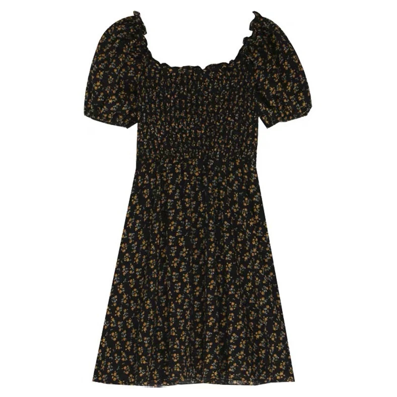

Summer 2021 new French retro hollowed out slim slimmer puff sleeve black floral dress