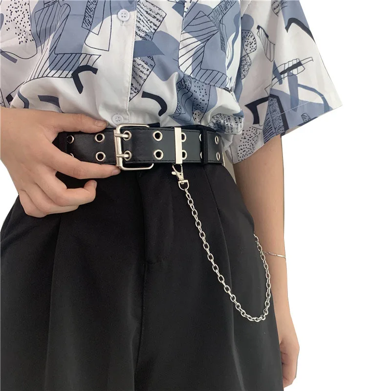 

Women Punk Style Double Pin Buckle Wide Belt Fashion Female Rock Trousers Chain Waist Belts for Jeans High Quality PU Leather