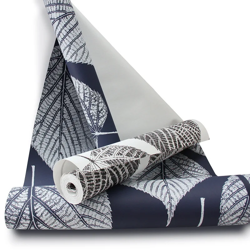 Современные листья с мерцающими тонами эффект обои из ПВХ черный белый синий