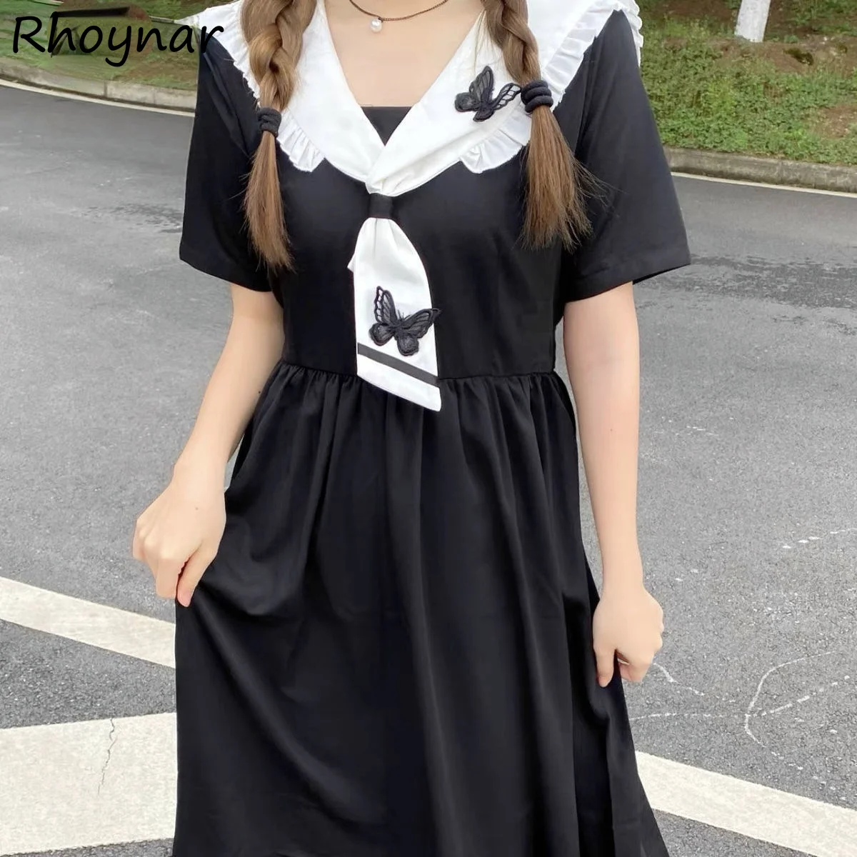 

Short Sleeve Dress Women Peter Pan Collar Lovely Patchwork Vintage Mid-calf Tunic Japanese Style Fashion Summer Preppy Sweet Ins