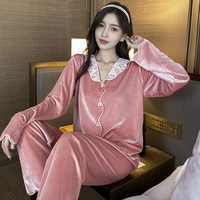 home clothes for women lace thin section solid color button up pajama set spring autumn woman princess long sleeved lace