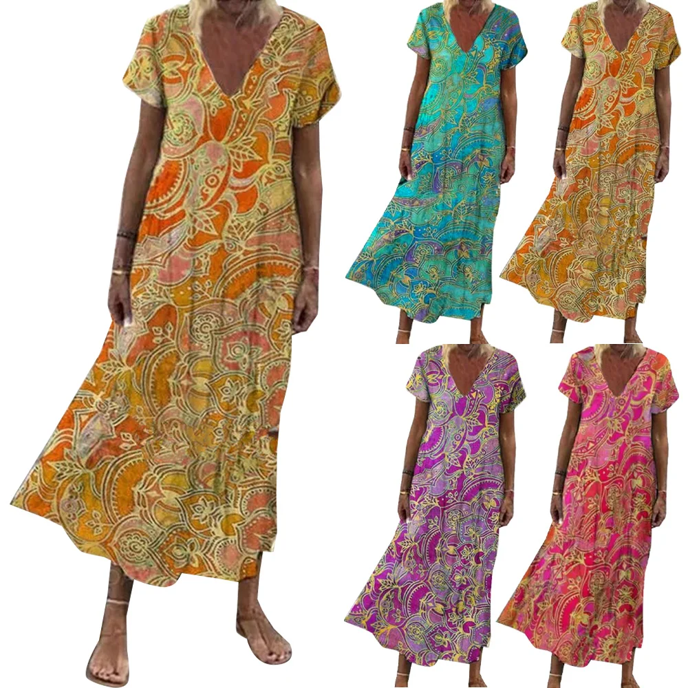 

Women's summer dress new flower pattern slim fit V-neck short sleeve long skirt casual straight multicolor dress Beach Sun skirt