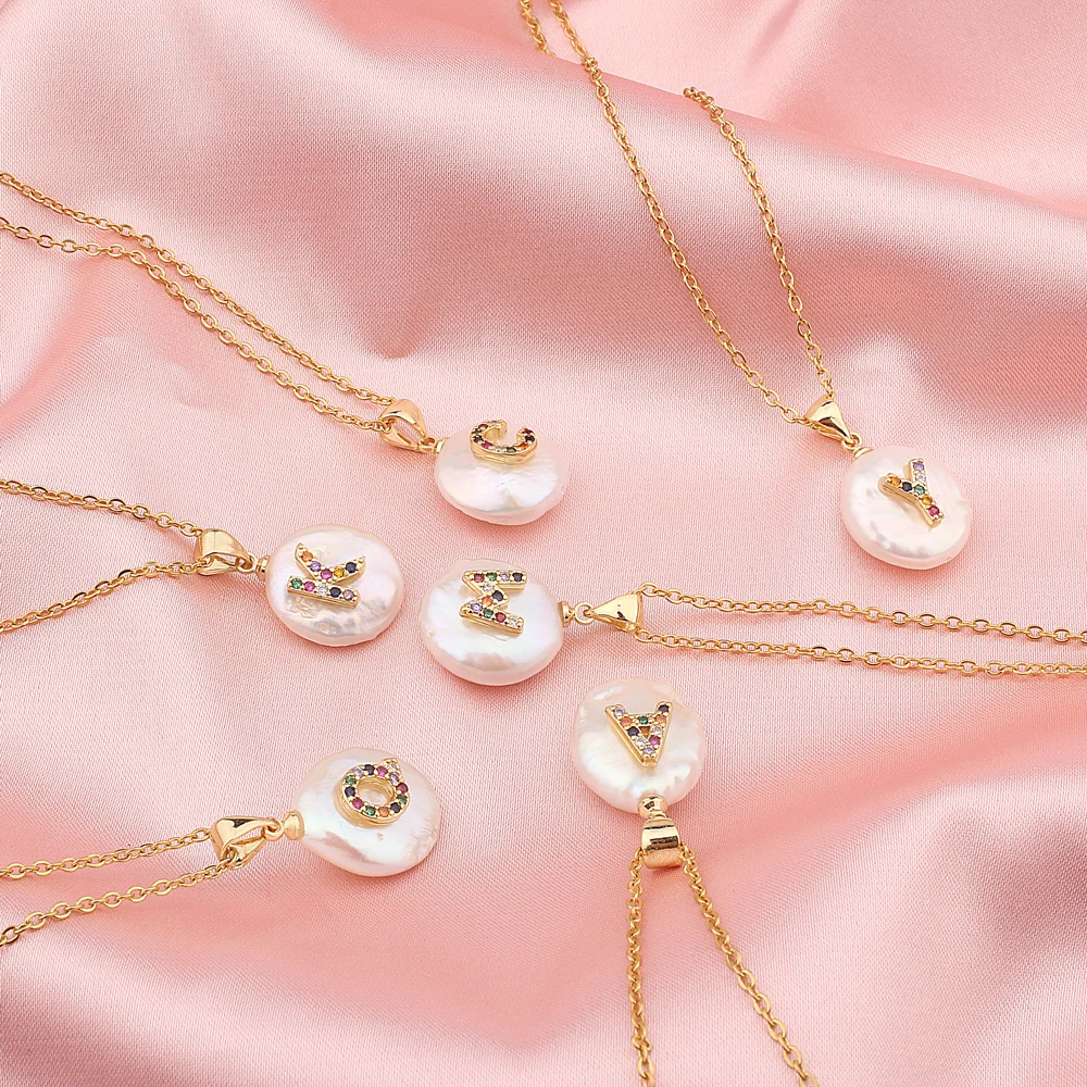 FINE4U N501 Initial Alphabet A-Z Letters Natural Freshwater Pearl Pendant Necklace Stainless Steel Choker Birthday Gift |