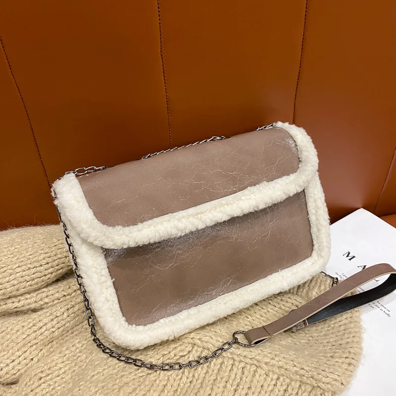 

High Sense Small PU Leather Bag Female New Trendy Fashion Lamb Hair Handbag Shoulder Messenger All-match Square Bag Satchels
