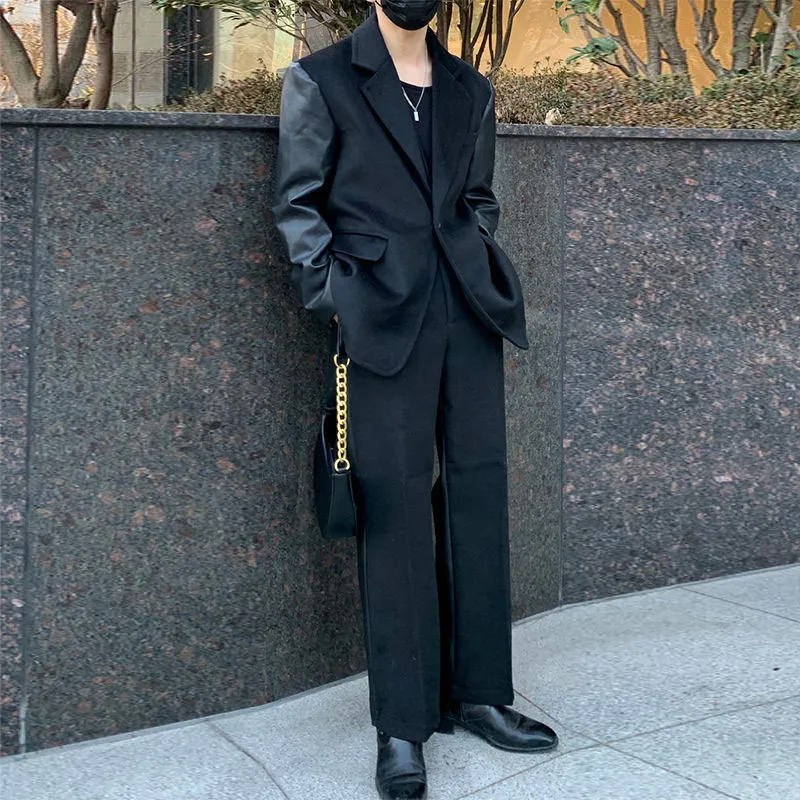 

IEFB 2021 Spring New Korean Loose Casual Patachwork PU Leather Straight Pants For Men Loose Wide Leg Trousers For Male 9Y6137