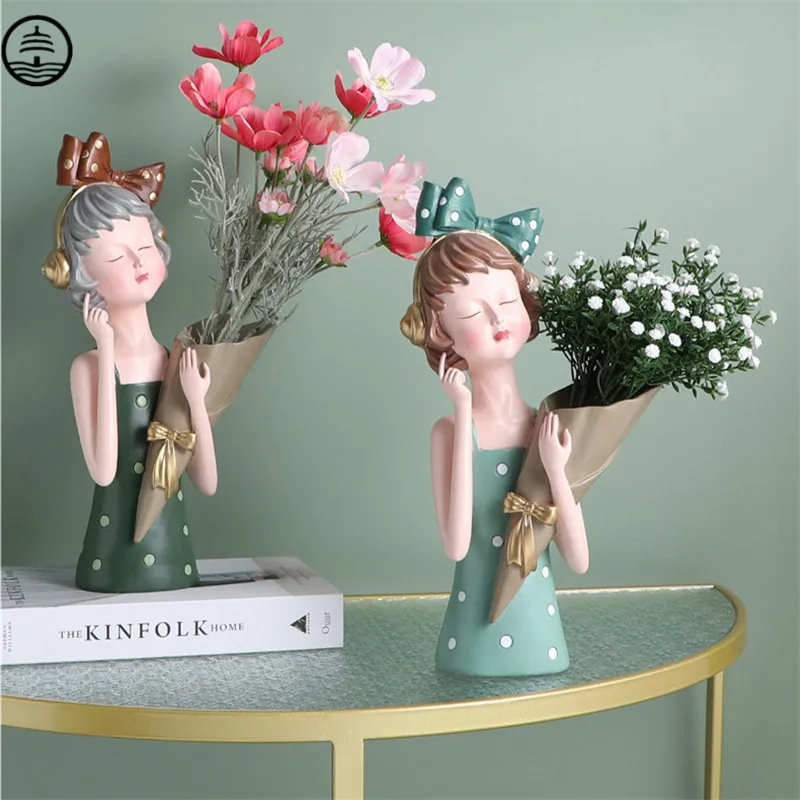 

BAO GUANG TA Nordic Bridal Bouquet Girl Vase Home Decor Art Sculpture Dried Flower Resin Craft Desktop Decoration Office R6364