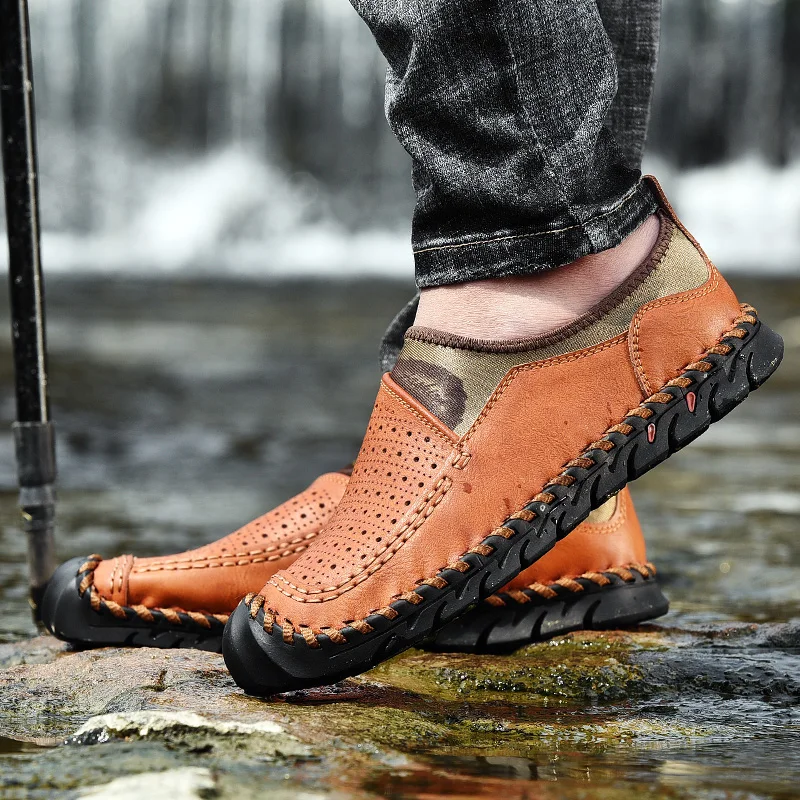 

Summer Leather Casual Shoes Men Breathable Leisure Shoes Loafers Men Leisure Shoes Soft Bottom Waterproof Non-slip Big Size