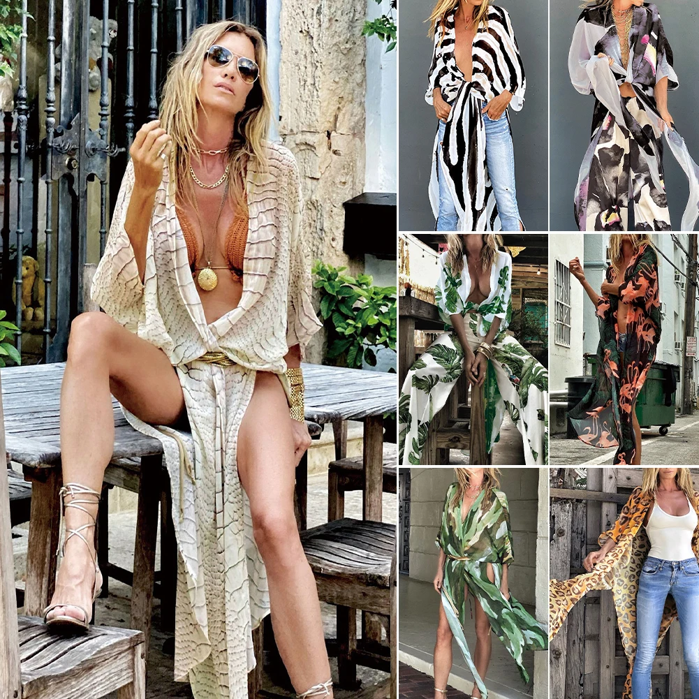 

Casual Women 100% Chiffon Beach Cardigan Kimono Bohemian Style Sexy Open Front Bathing Suit Cover-ups Summer Beach Sun Shade