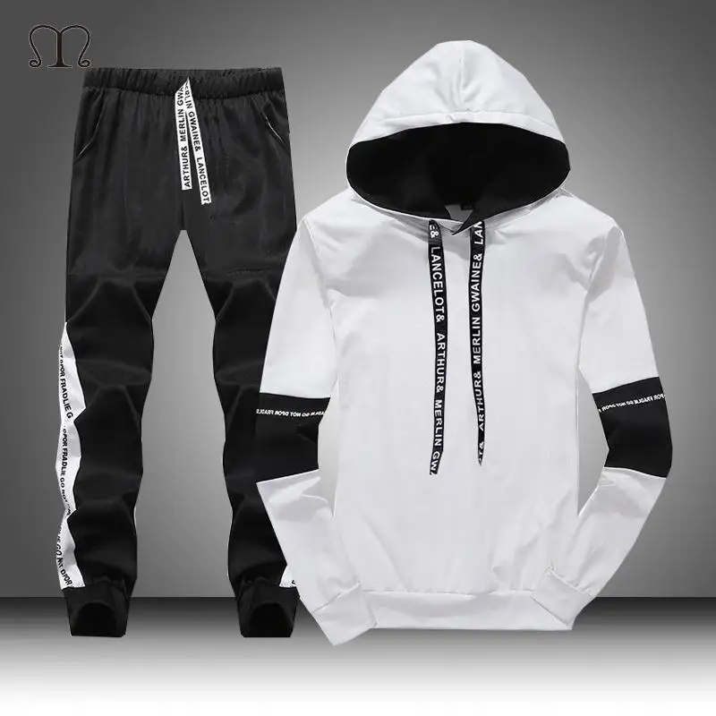 Wei Schwarz Mnner толстовки Набор Mode 2019 Herbst Marke Lssige Herren Gesetzt Sport Zwei Stck Лоскутная Толстовка с