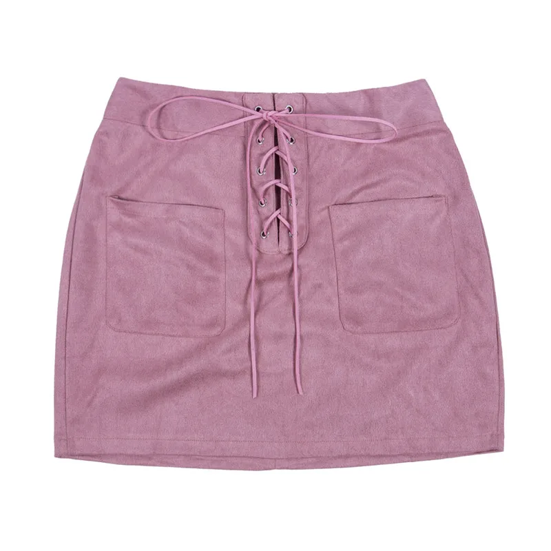 Женское замшевое Бандажное мини-платье с высокой талией на шнуровке карманами