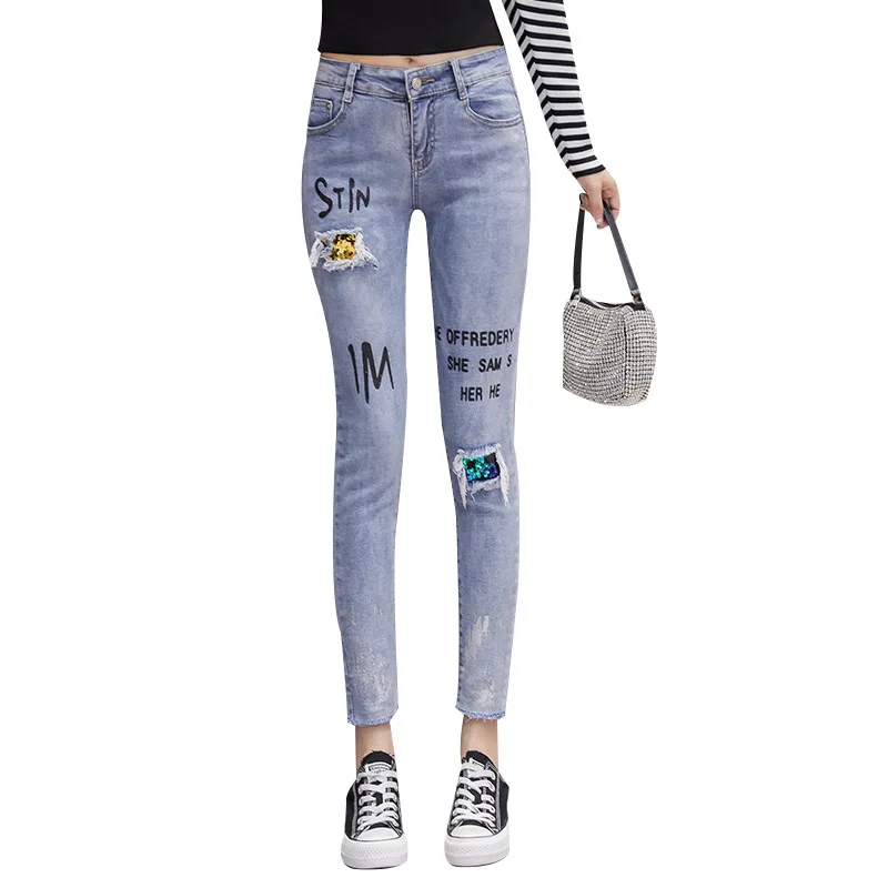 

Jeans Woman High Waisted Straight Skinny Stretchy Pant Streetwear Women Letter Print Hole Washed Denim Pencil Pants Trousers