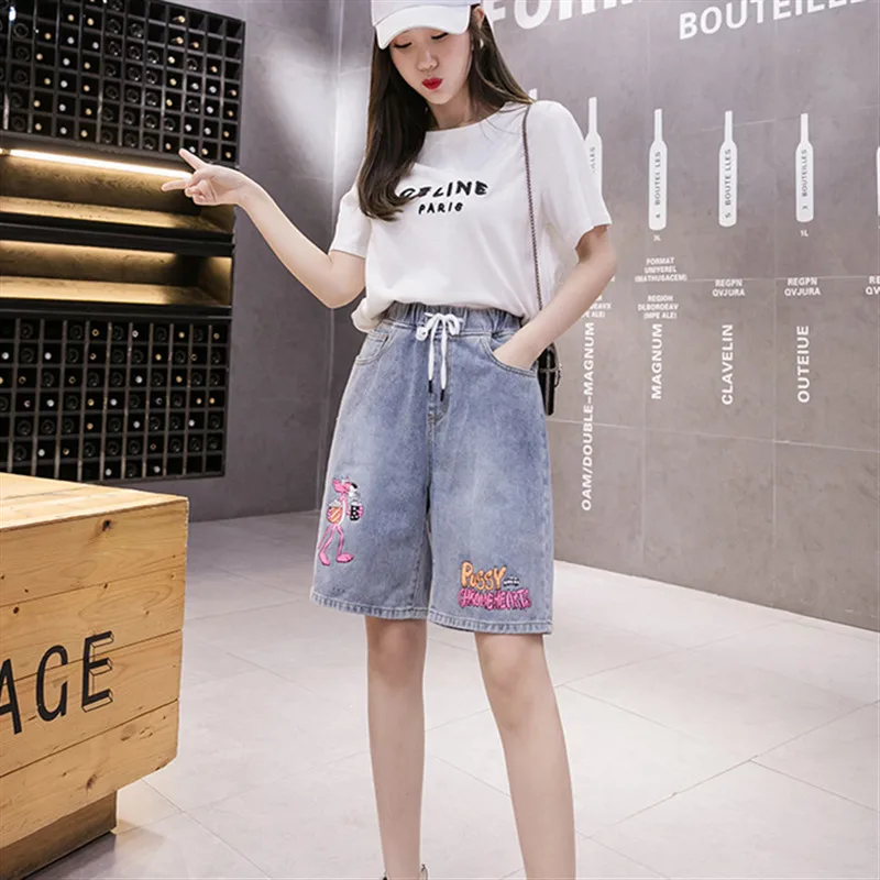 

POUNGDUDU 2021 New Women's Denim Shorts For Girl Plus Size Pants Jean Pink Leopard Embroidered Cropped Trousers Elastic Waist