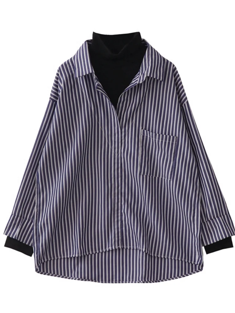 2021 летняя новая женская блузка из двух частей водолазка свободная в полоску