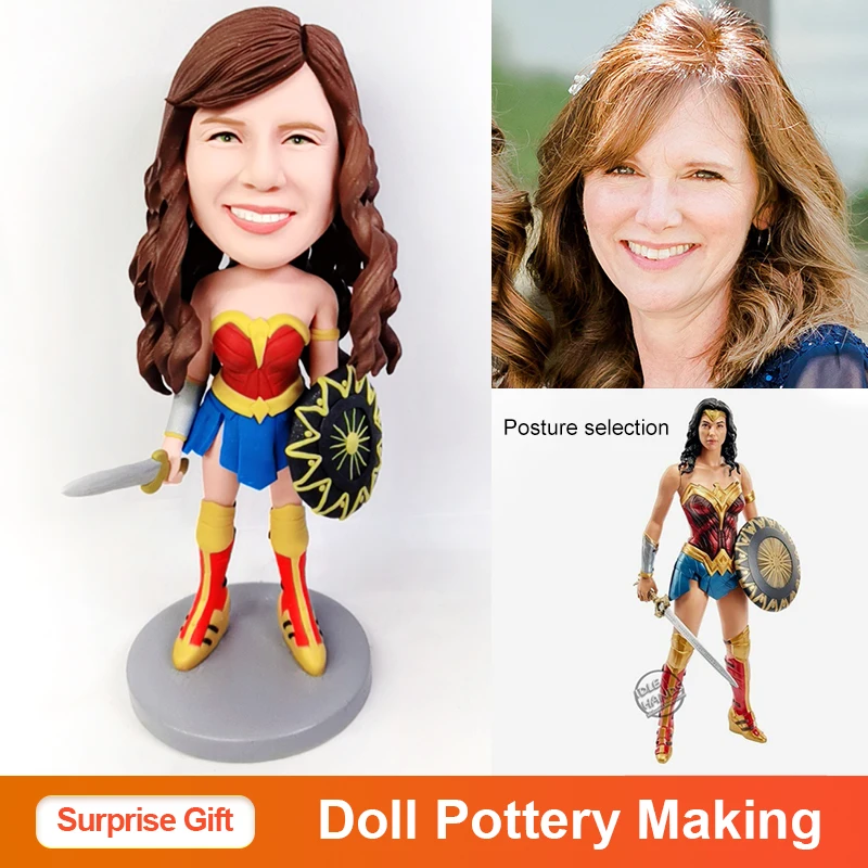 

Surprise Gifts Wonder Woman Polymer Clay Doll Handwork Bobblehead Custom Made Mini Statue Face Sculpture Personalise