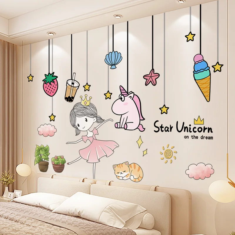 

[shijuekongjian] Cartoon Girl Wall Stickers DIY Unicorn Stars Wall Decals for Kids Rooms Baby Bedroom Nursery Home Decoration