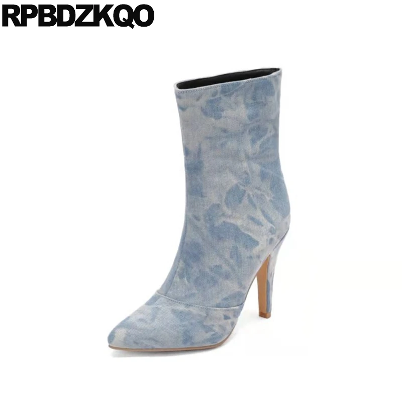 Женские джинсовые ботинки на высоком каблуке светло-голубые Роскошные Брендовые