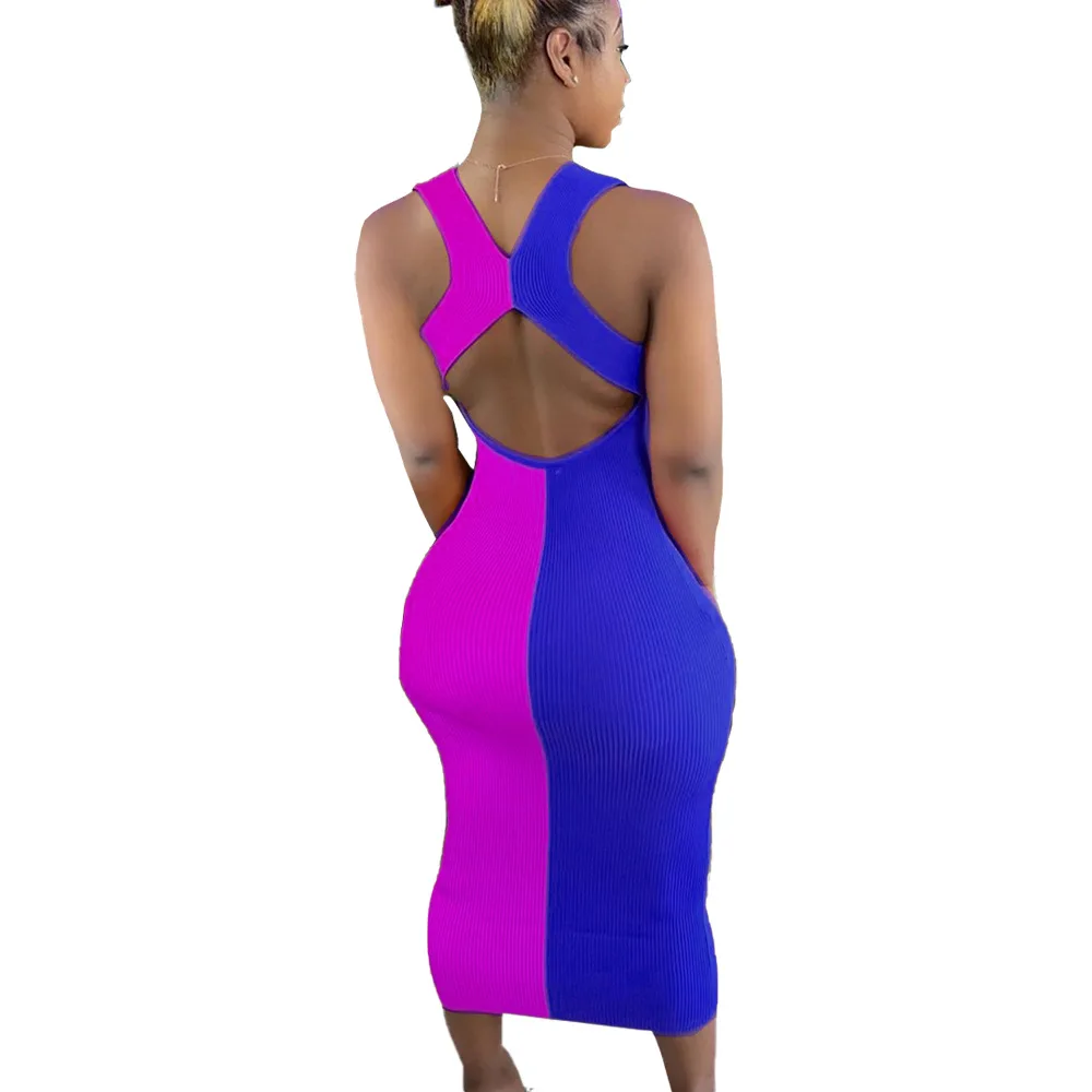 

Fashion Summer Ms Sexy Two-color Splicing Hollow Out Slim Dress