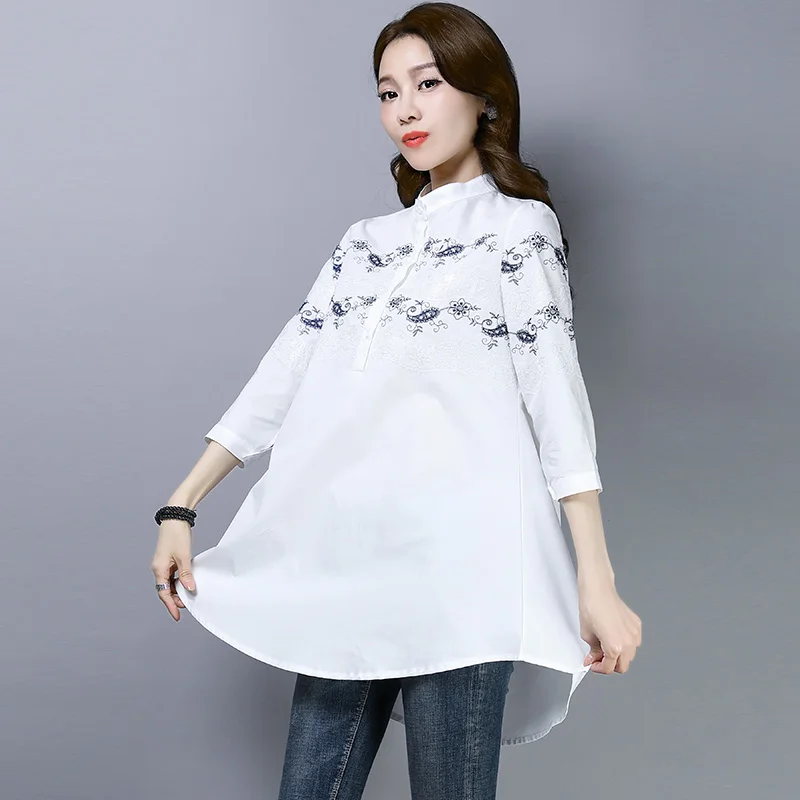 Blouse Women 2020 New Vintage Embroidery Cotton Women Shirts Turtleneck Single Breasted Shirt Dress Female Irregular Blouse Tops