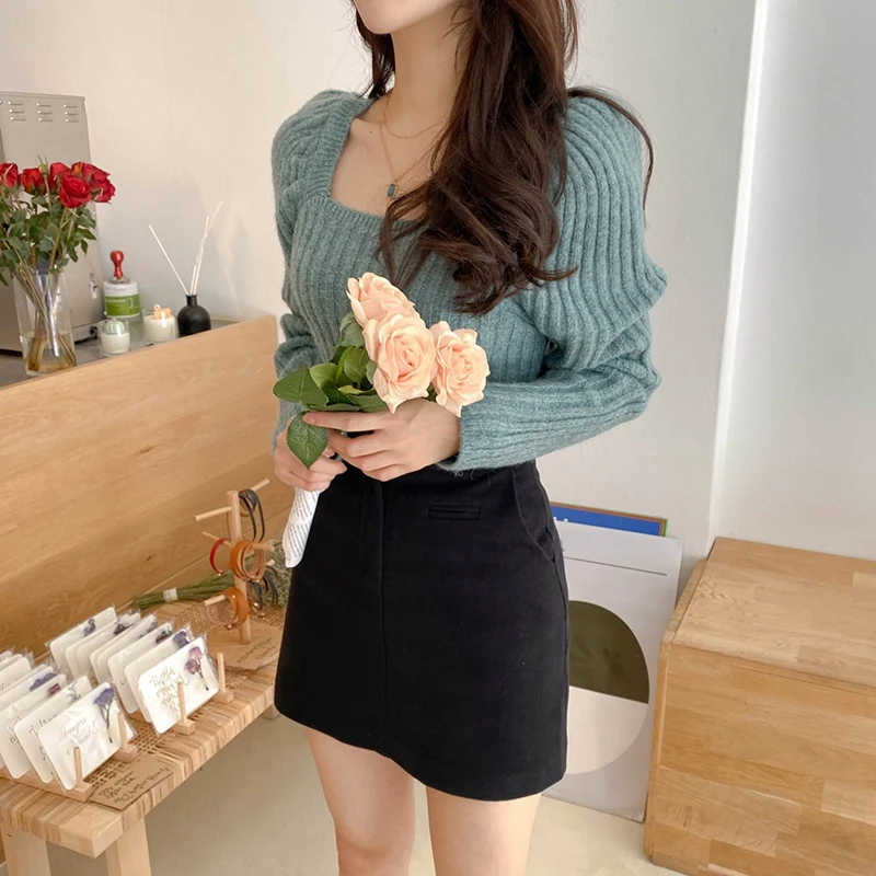 RealShe Sweater Woman Pullover 2020 Square Collar Long Puff Sleeve Solid Knitted Women Spring Casual Elegant Sweaters | Женская одежда
