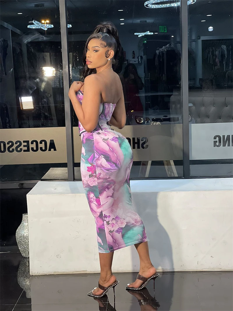 

Adogirl Angel Floral Print Two Piece Set Dress Strapless Corset Top High Waist Bodycon Midi Skirt Women Casual Sexy Suit