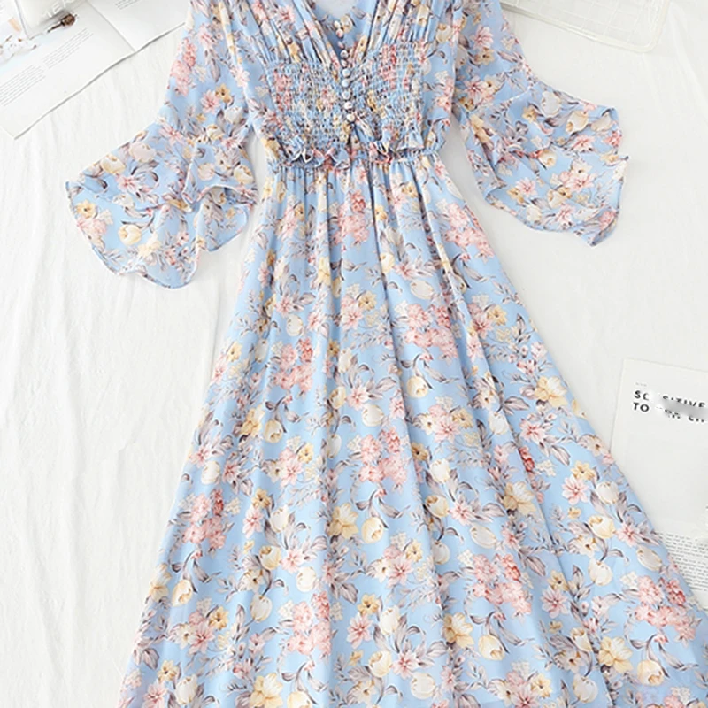 

2021 New FloralWomen Summer Dress Fashion High Waist Sweet Chiffon Long Dress Korean Style V-neck Flare sleeves Beach Dress