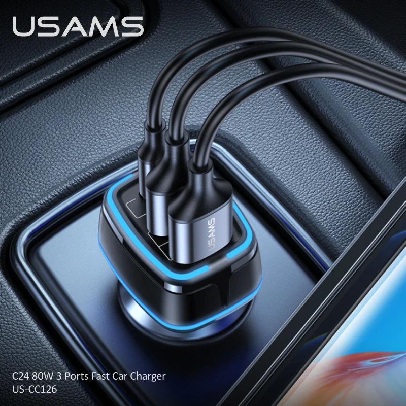USAMS 80W USB A C 3 порта QC PD Быстрая зарядка Автомобильное зарядное устройство для iPhone 13