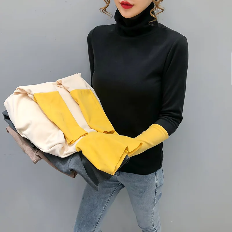 

2021 Autumn and Winter High Collar Bottoming Shirt Women's Fashion Stitching Slim OL Slim Temperament Bottoming Shirt Ins Online